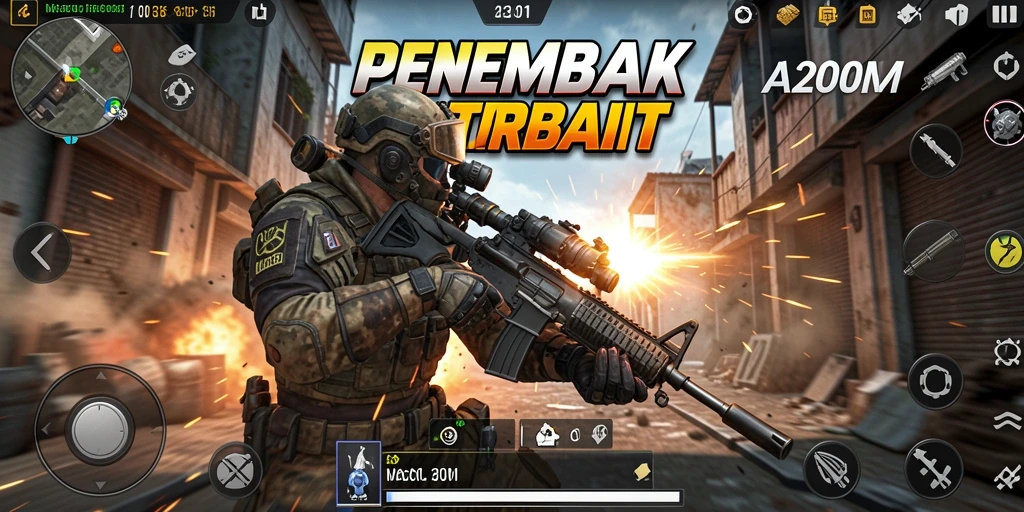 Screenshot A200M menampilkan aksi intens dalam game FPS.
