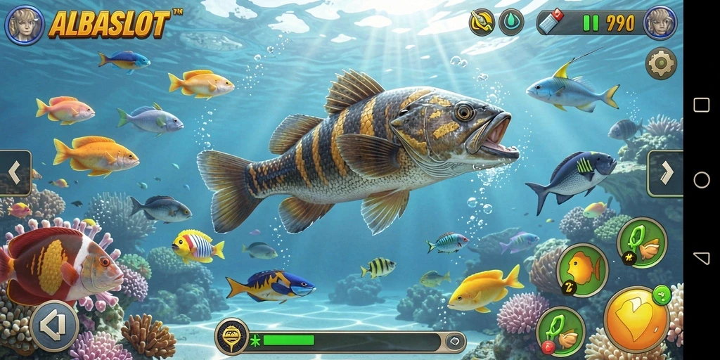 Screenshot gameplay ALBASLOT menampilkan serunya berburu ikan.