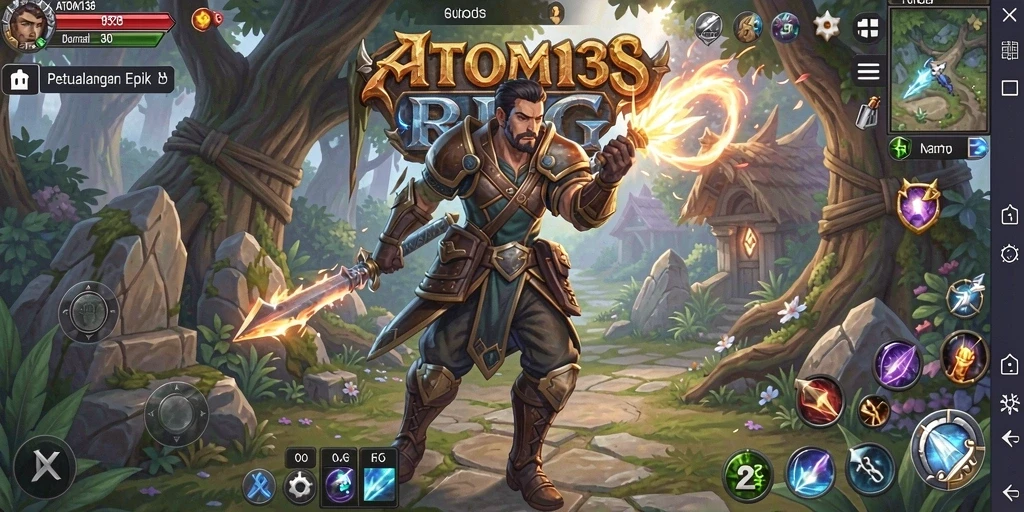 Tampilan gameplay epik dalam ATOM138 yang menampilkan petualangan RPG.