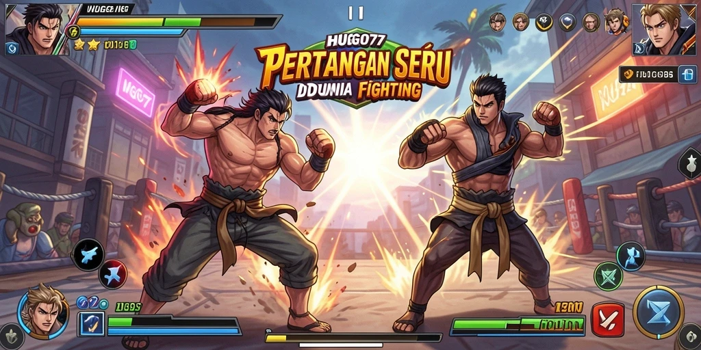 Tampilan gameplay HUGO77 yang mendebarkan dengan karakter yang siap bertarung.