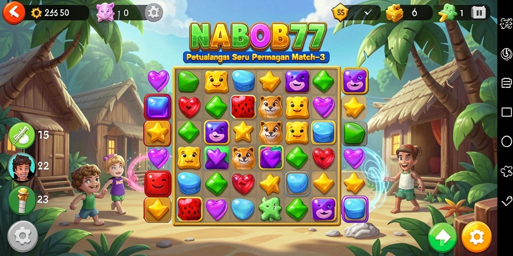 Screenshot gameplay NABOB77 dengan aksi mencocokkan permata.