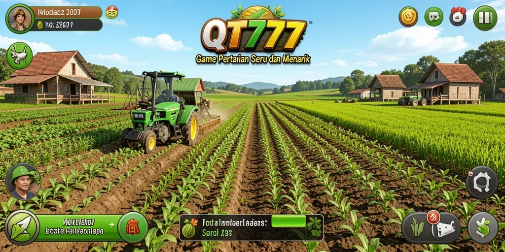 Screenshot utama QT777 menampilkan suasana pertanian yang indah.