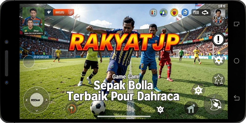 Tangkapan layar utama gameplay RAKYATJP yang menampilkan aksi seru sepak bola.