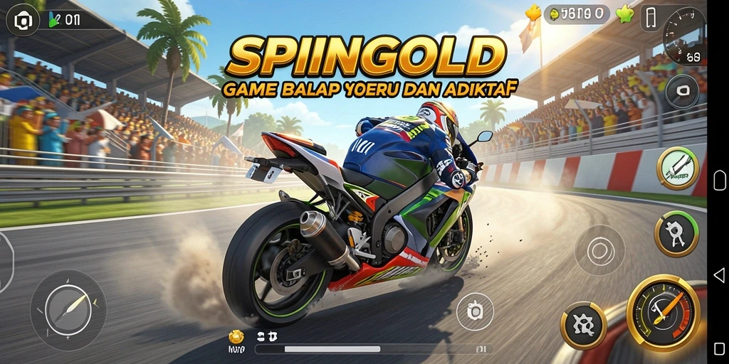 Screenshot gameplay SPINGOLD menampilkan balapan motor yang intens dan seru.