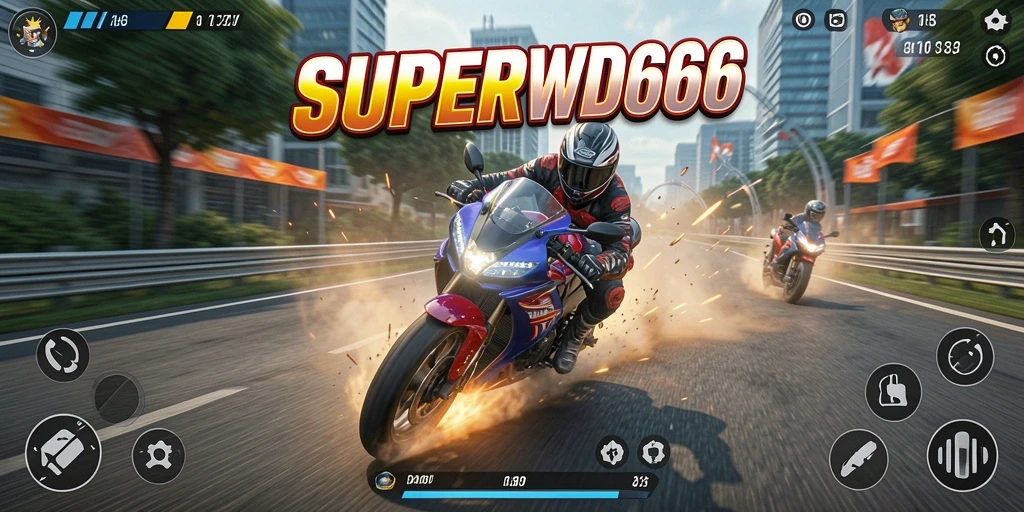 Tampilan utama game SUPERWD666 dengan balapan motor seru.